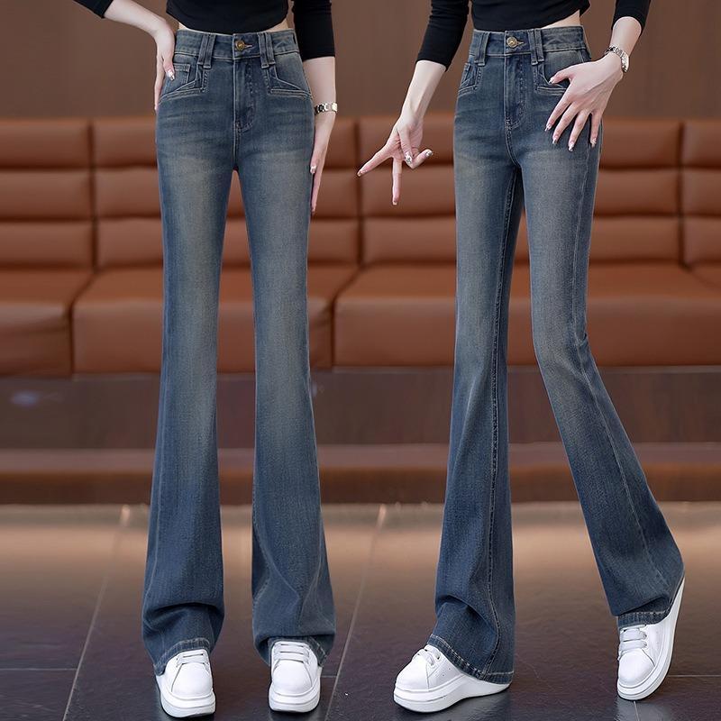 Washed white and velvet warm denim micro-pull pants, new fashionable high-waisted and thin flared pants in autumn and winter