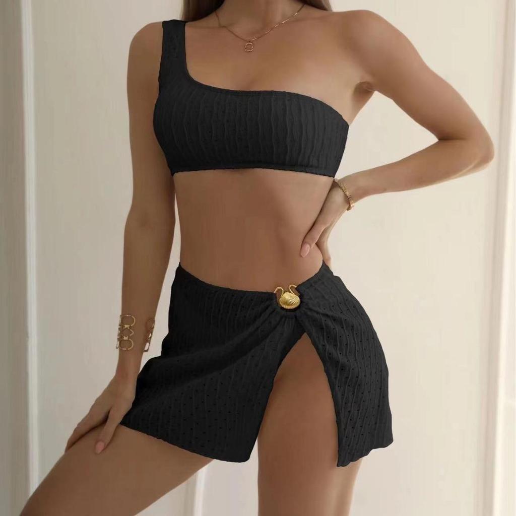 2024 Trendy European & American High Waist Slit Bikini Skirt 3-Piece Swimsuit