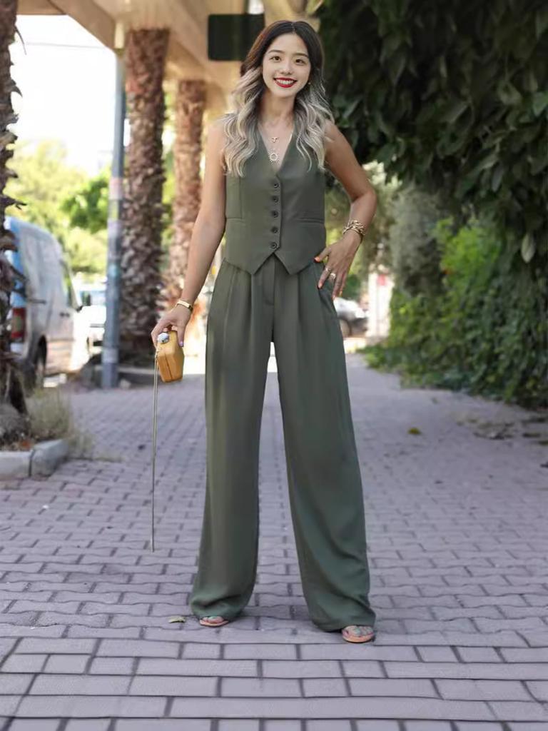 Women's Spring New Arrivals V-Neck Sleeveless Vest Wide Leg Pants Casual Set