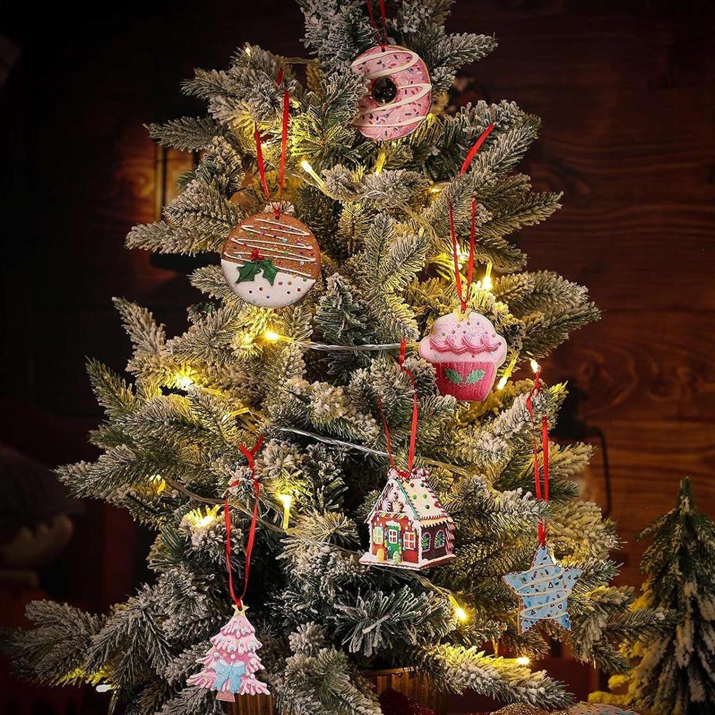 Wooden Christmas Ornaments 24 Pieces Party Decoration 2D Double-Sided Printing Donut Cake Christmas Tree Decorations for Winter
