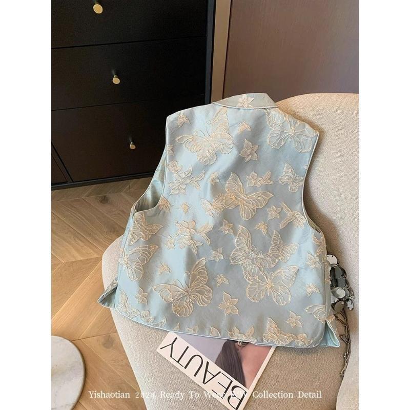 2025 spring blue butterfly embroidered vest women's high-end temperament buckle sleeveless vest