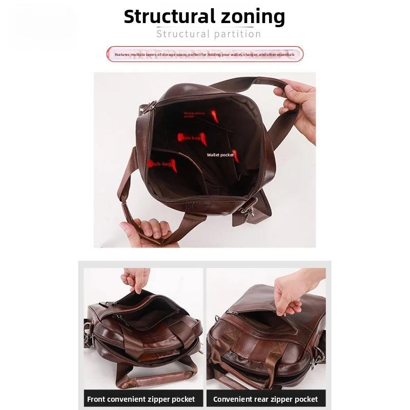 New men's handbag, 100% genuine leather shoulder crossbody bag vertical briefcase business trip messenger bag for 13.3-inch iPad