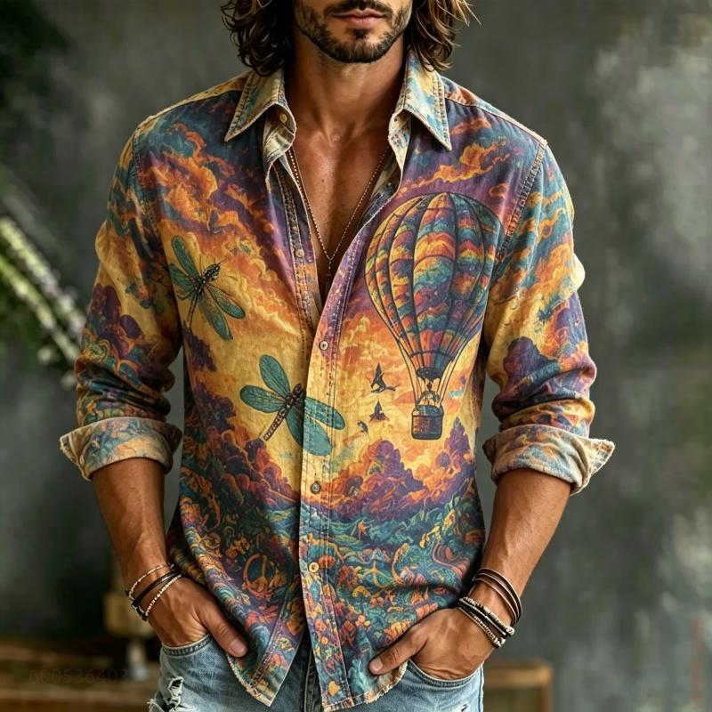 Men's Long Sleeved Shirt with Floral Totem Full Print Top, Versatile for Daily Use, Fashionable and Comfortable Casual Shirt