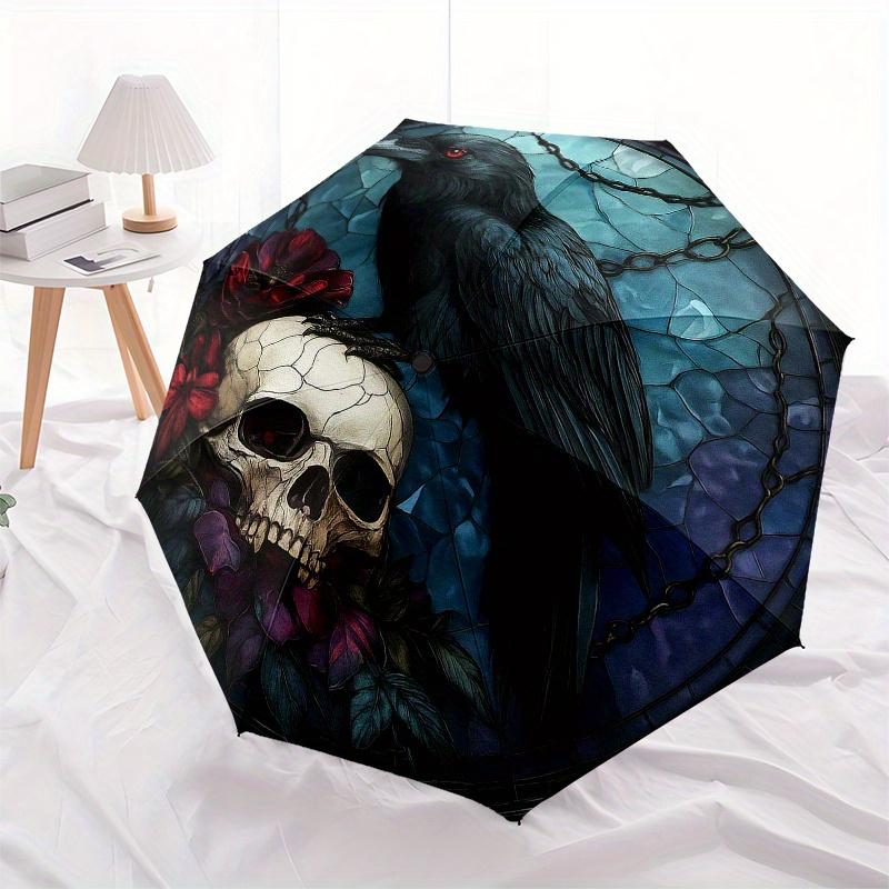Gotische Krähe & Schädel Buntglas Wandkunst DekorationRegenschirmTragbarer 3-fach Kompakter Regenschirm für Damen & Herren Geschenk