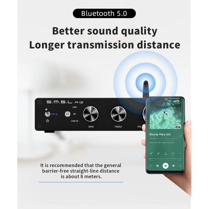 Amplificatore Audio S.M.S.L A12, HiFi a 2 Canali con Bassi e Alti, Amplificatore di Potenza Stereo Classe D Bluetooth 5.0, Chip Infineon-MA12070, per