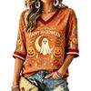 Women's Casual Halloween Print V-Neck T-Shirt for Holiday Party