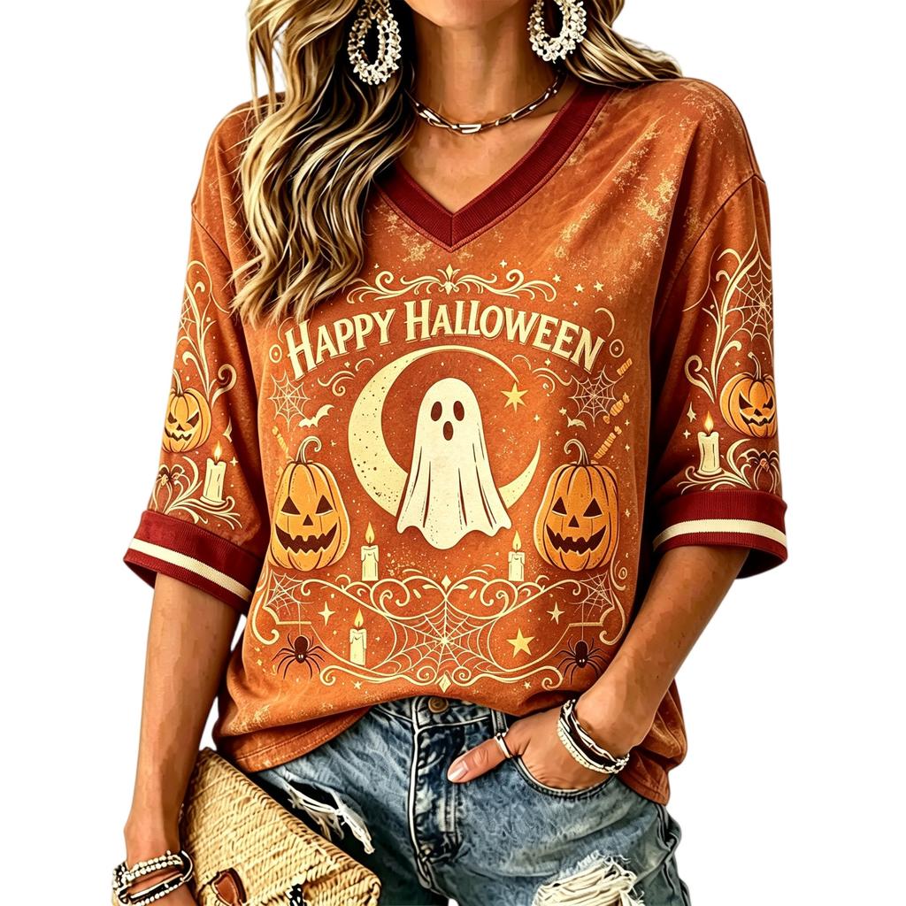 Women's Casual Halloween Print V-Neck T-Shirt for Holiday Party
