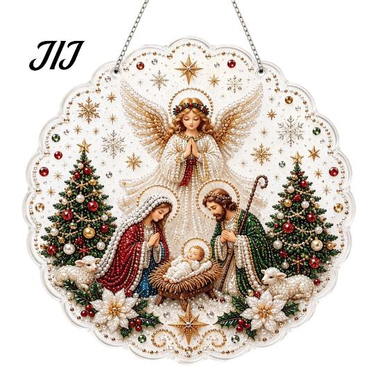 Religious Nativity Crafts Christmas Faux Pearl Painting Suncatcher Kit, 3D Nativity/Santa Claus/Bird/Tree Holiday Window Hanging Decor Beads