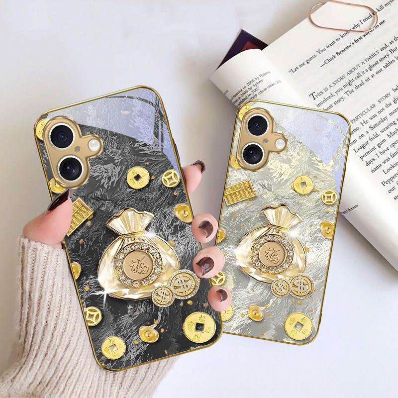 Lucky Bag of Blessings For iPhone 17 Pro Max 16 16E 15 14 13 Plus 12 mini 11 15Pro 17 Air XR X 17ProMax Golden glass phone case