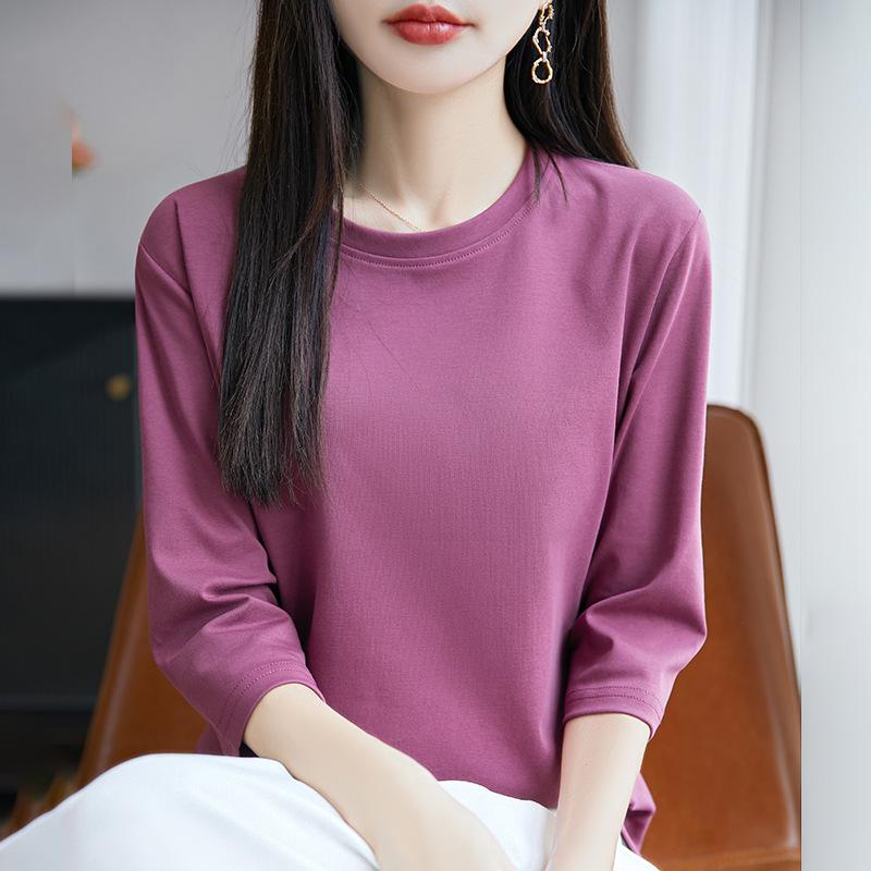 Women's Mercerized Cotton Solid Color Mid-Sleeve T-Shirt