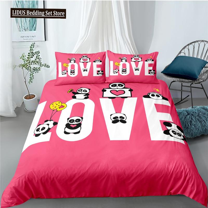 Panda Duvet Cover Set Cartoon Style Cute Kawaii Bear Drawing Comforter Cover For Kids Polyester Bedding Set King Queen Full Size