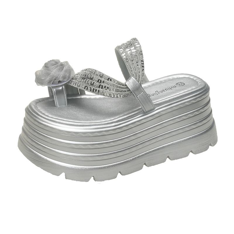 

Rhinestone sandals women s 2025 new summer outer wear one-word with waterproof table thick-soled thick-heeled high heels 39 серебряный