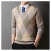 Autumn and Winter V-neck Sweater Men's Pullover Base Sweater Diamond Grid Jacquard Chicken Heart Collar Knitted Sweater
