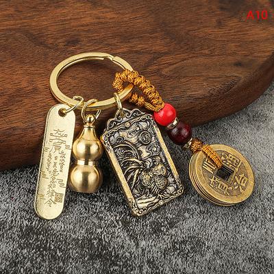 Chinese Style Zodiac Brass Gourd Five Emperors Money Keychain Metal Fengshui