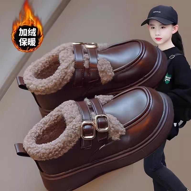 Girls Winter Fleece Lined Buckle Strap Casual Ankle Boots Warm Kids Leather Shoes 23 коричневый