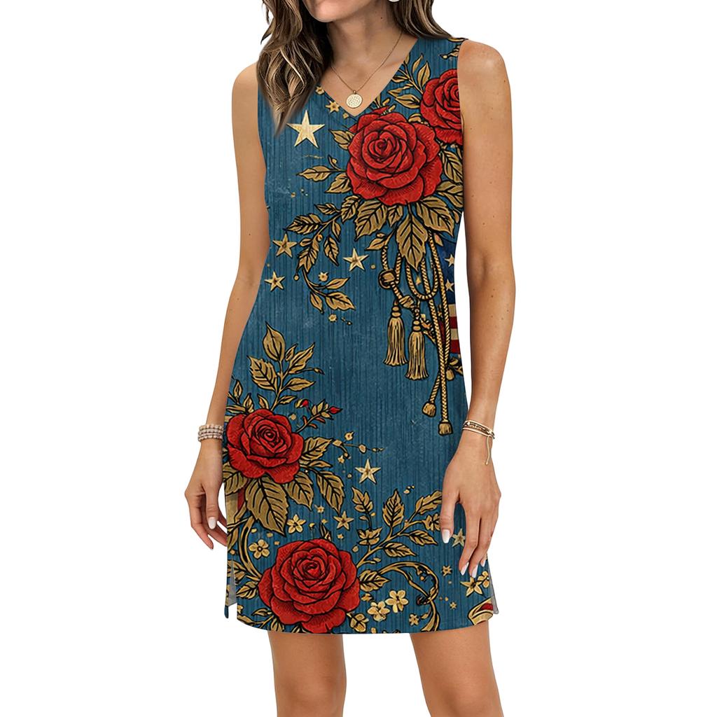 Flag Dress for Women Sleeveless Summer Floral Print Loose Fit Casual 4Th Of July Dresses for Women Red White Blue Dre