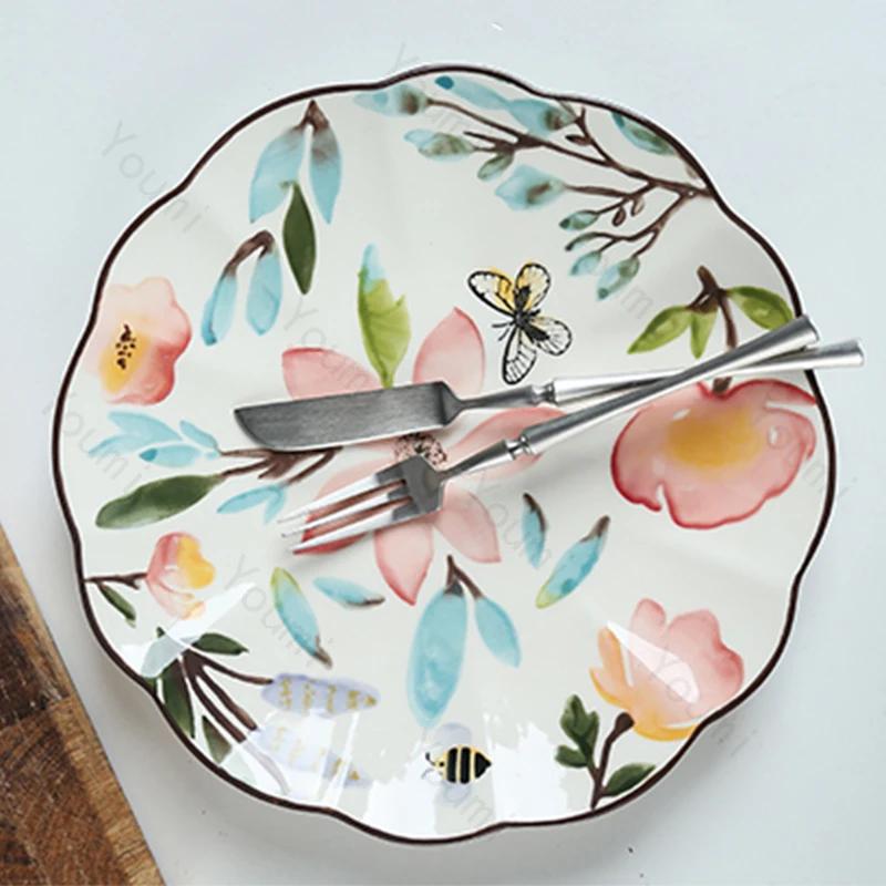 Vintage Ręcznie Rysowane Kwiaty Ceramiczny Talerz Wykwintny Talerz na Popołudniową Herbatę Desery Owoce Domowy Talerze do Jadalni na Pyszne Dania