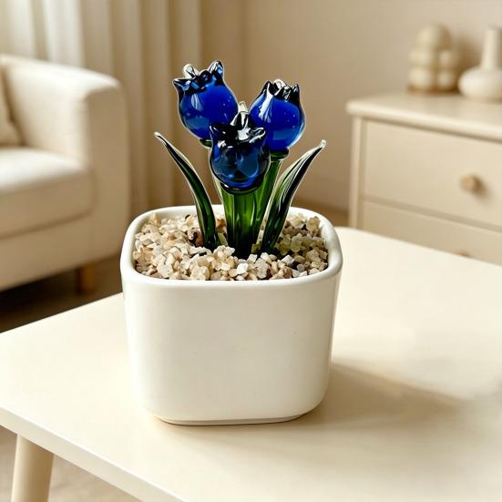 Mini Potted Glass Flower Decoration Miniature Tulip Flower Planter Pot Figurine Statue Home Office Bookshelf Desktop Ornament
