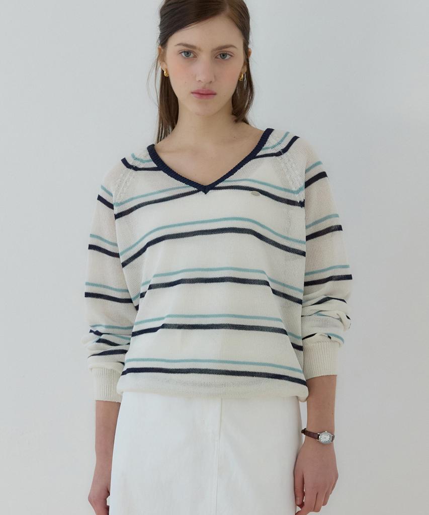 OURHOPE Linen Heather Stripe V-Neck Knit - Ivory