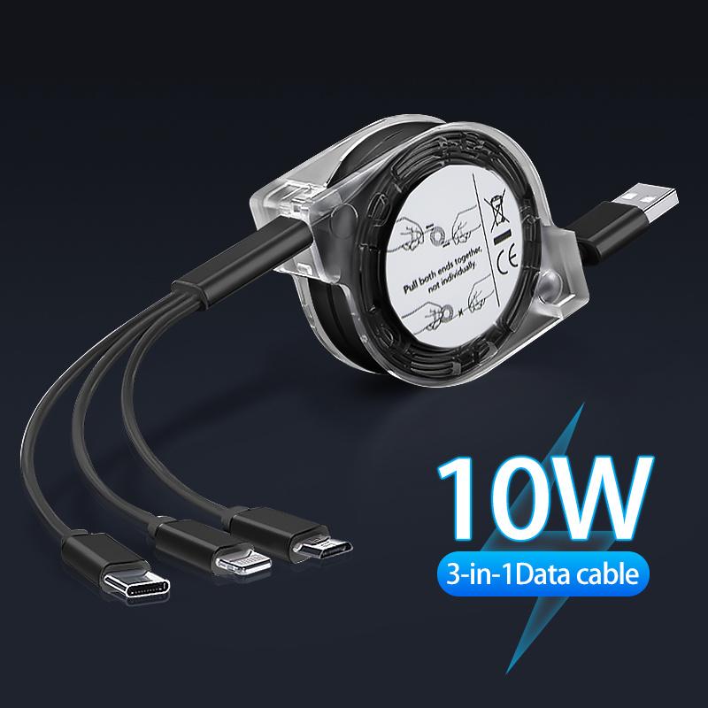 3-in-1 Retractable USB Type C Micro USB Charging Cable For Mobile Phone Charger Cable 39.37inch Fast Charging Cable