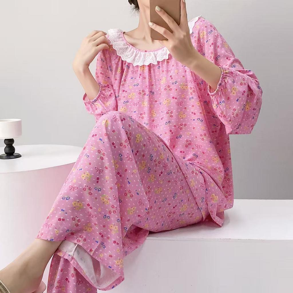 Spring and Summer New Plaid Printing Crew Neck Lace Long-sleeved Trousers Pajamas Set Women's Loungewear Loose Spot