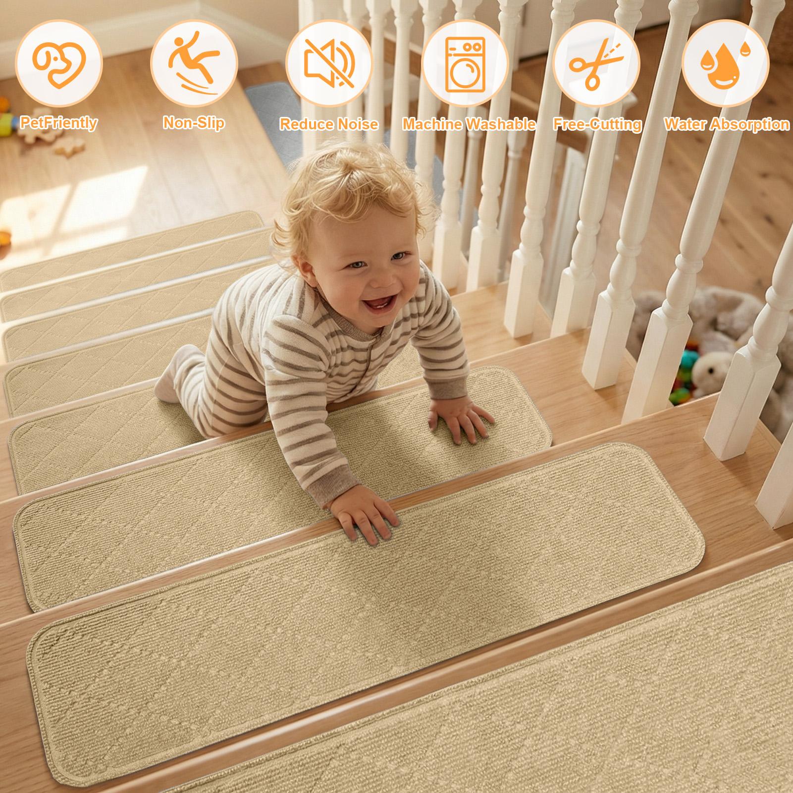 

New Self-adhesive Stair Treads Soft Safety Non-Slip Staircase Rugs Household Indoor Stair Runners Protection Steps Cover Carpets 76X20Cm-4Pcs бежевий