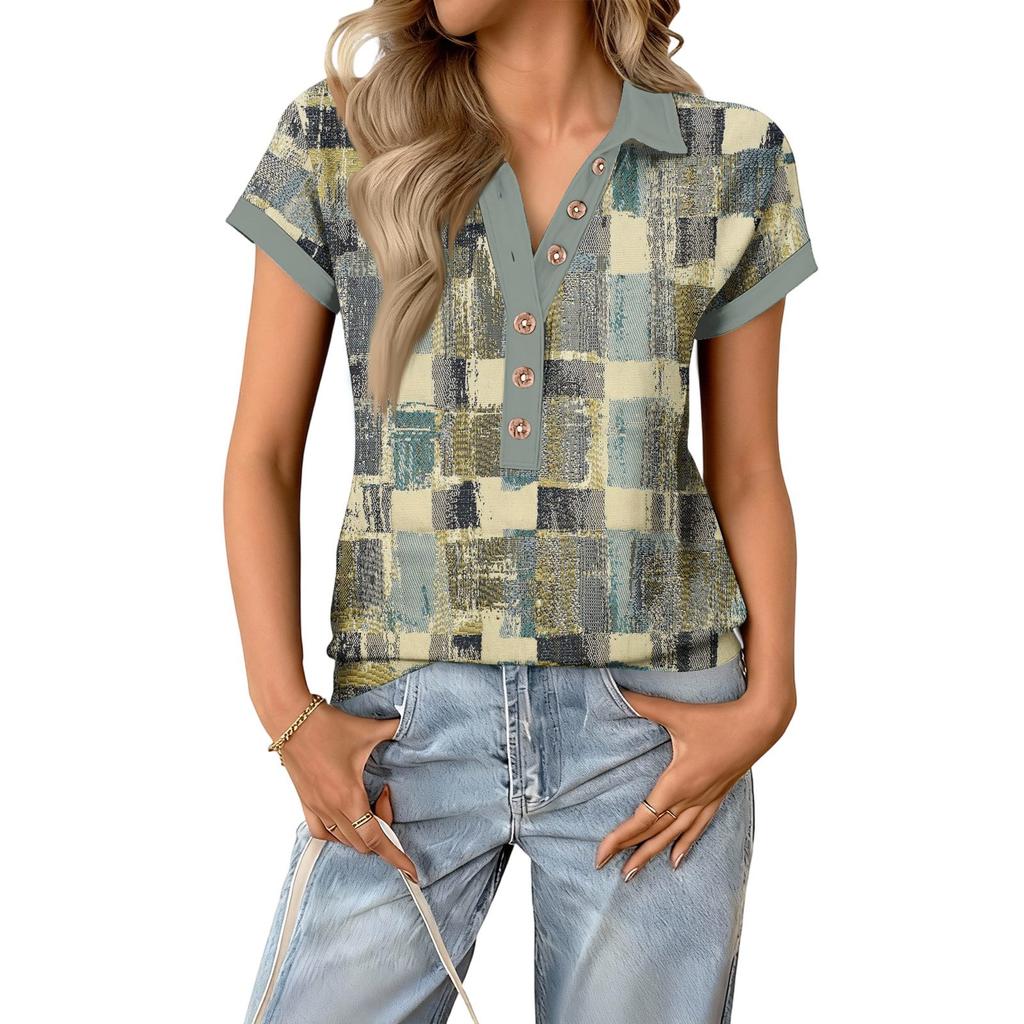 Women's Fashionable and Casual Summer V,neck Patchwork Short,sleeved Plaid Print Top