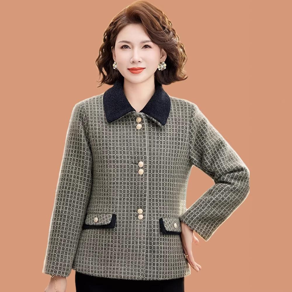 Mid-aged Women's Spring Plaid Woolen Coat - Stylish Lapel Top for Middle-aged & Elderly