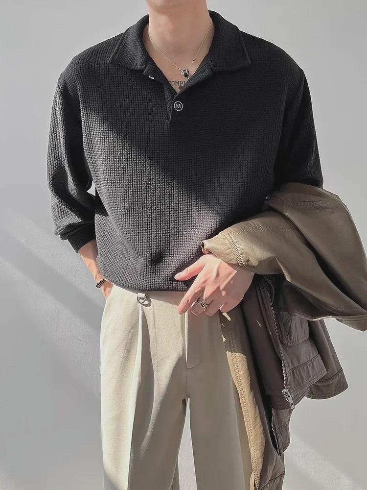 

Мужская футболка-поло с длинным рукавом и воротником-поло из вафельной ткани — корейский стиль, модная, повседневная, идеально подходит для весны и осени. L чёрный