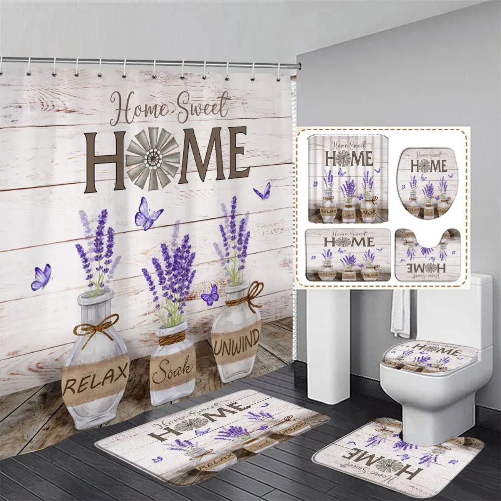 Tulip Flower Basket Rustic Wood Panel Shower Curtain And Rug Bathroom Set Home Washable Hanging Curtain Bath Mats Bathroom Decor