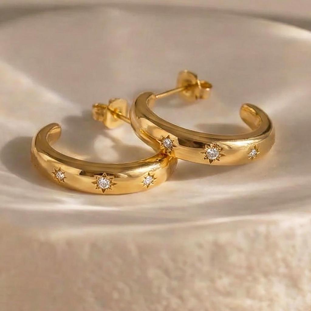 18k Gold-Plated Stainless Steel Zircon C-Shaped Earrings In Minimalist Style