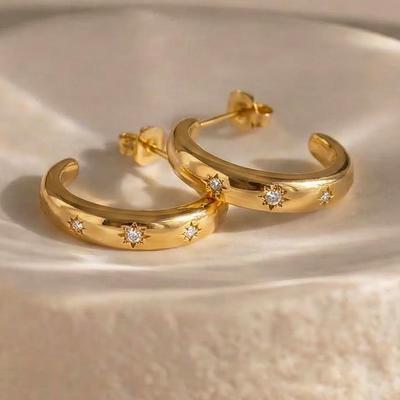 18k Gold-Plated Stainless Steel Zircon C-Shaped Earrings In Minimalist Style