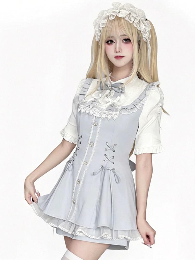 Snowflake Time: Japanese Lolita Stand-Collar Dress Set with Bib & Bow Tie