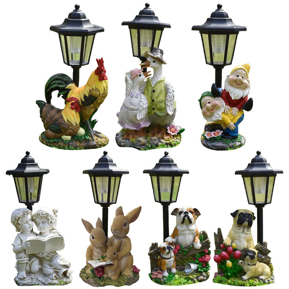 Solar Powered Cute Figurine Light Resin Hexagonal Decorative Lamp Animal/Child/Gnome Hexagonal Night Light for Garden Yard Decor