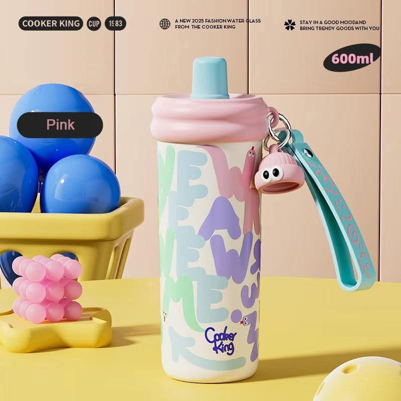 COOKER KING 600ML Isolierbecher mit Strohhalm Edelstahl Thermobecher Bemaltes Muster Kaffeetasse Outdoor-Sport Wasserbecher