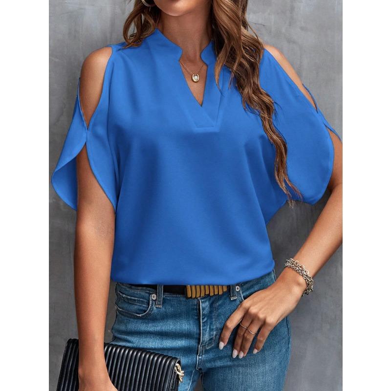 Women's summer new solid color V-neck temperament fashion off-the-shoulder sleeves women's top