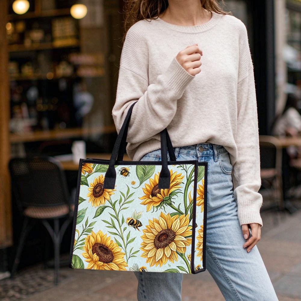 Sunflower Bee Printed Tote Bag Casual Large Capacity Daily Handbag Portable Reusable Grocery Shopping Shoulder Bag for Women