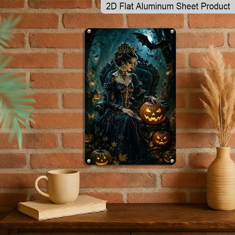 2D Flat Gothic Halloween Queen with Pumpkin and Bat Vintage Metal Sign‑8.0x12.0inch Aluminum Wall Art, Farmhouse Halloween Wall Decor, Pre‑Drilled