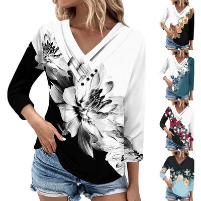 Damen-T-Shirt mit 3/4-Ärmeln, für den Alltag und das Wochenende, V-Ausschnitt, lässig, bedruckt, lockere Passform, plissierte T-Shirts, Damenbluse