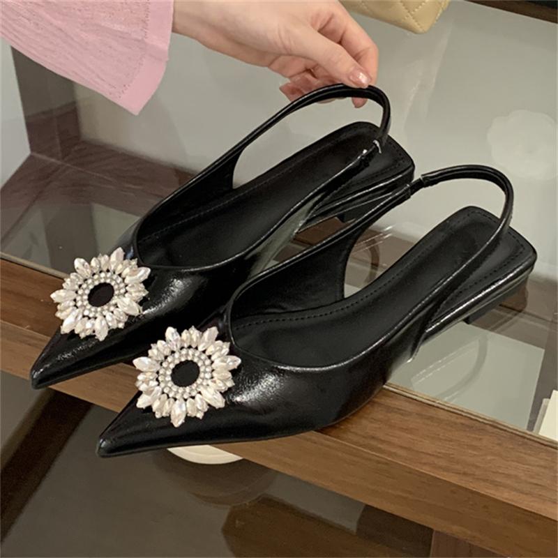 Pesstwei Spring  Elegant Sexy Pointed Toe Comfortable Design Crystal Button Flats Heels Woman Sandals Prom Slingbacks Shoes