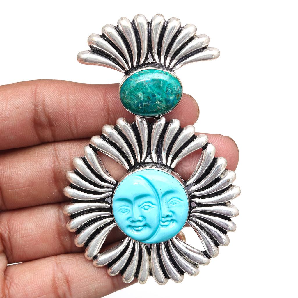 Blue Cameo Face Gemstone Unisex Women's Ethnic Silver Jewelry Pendant 3.5"