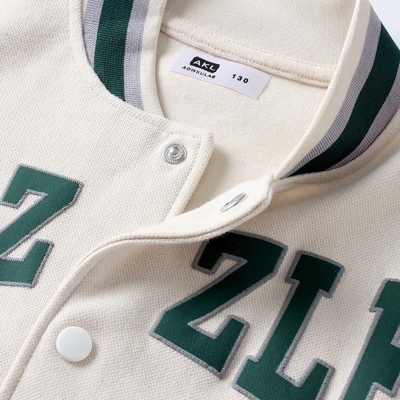 Korean Style Kids' Letter Stand Collar Baseball Jackets for Spring & Autumn
