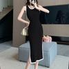Korean Contrasting Colors Midi Dress Women's Slim Stylish Splice Summer Sleeveless Elegant Split Basic Knitted Sundress