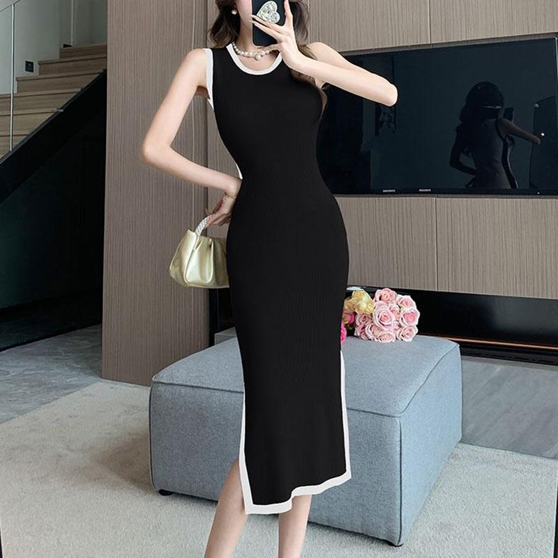 Korean Contrasting Colors Midi Dress Women's Slim Stylish Splice Summer Sleeveless Elegant Split Basic Knitted Sundress