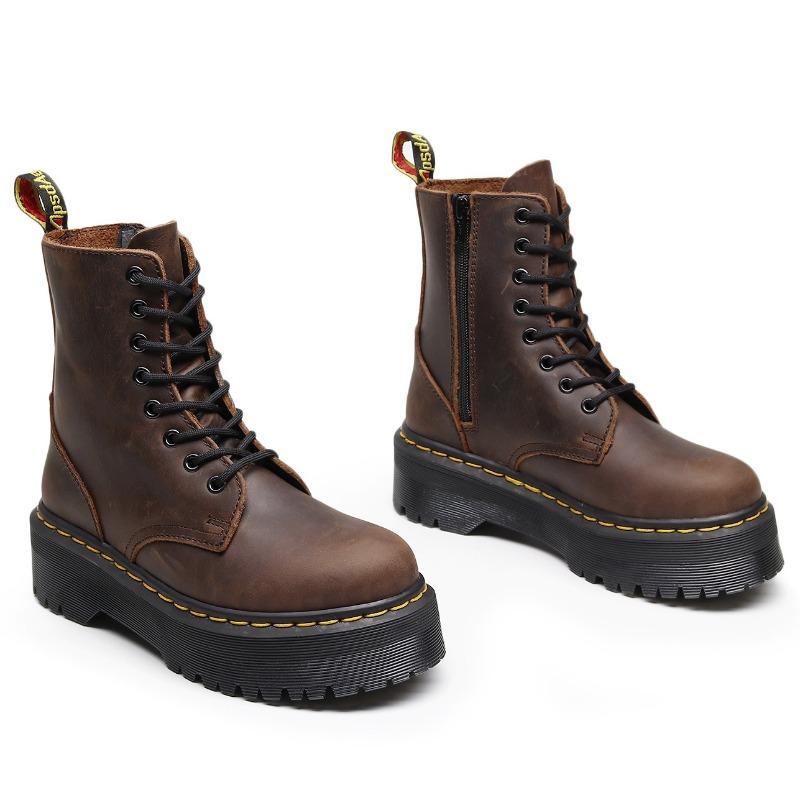 First layer thick bottom hole locomotive boots women, side zipper short boots leather muffin bottom tooling