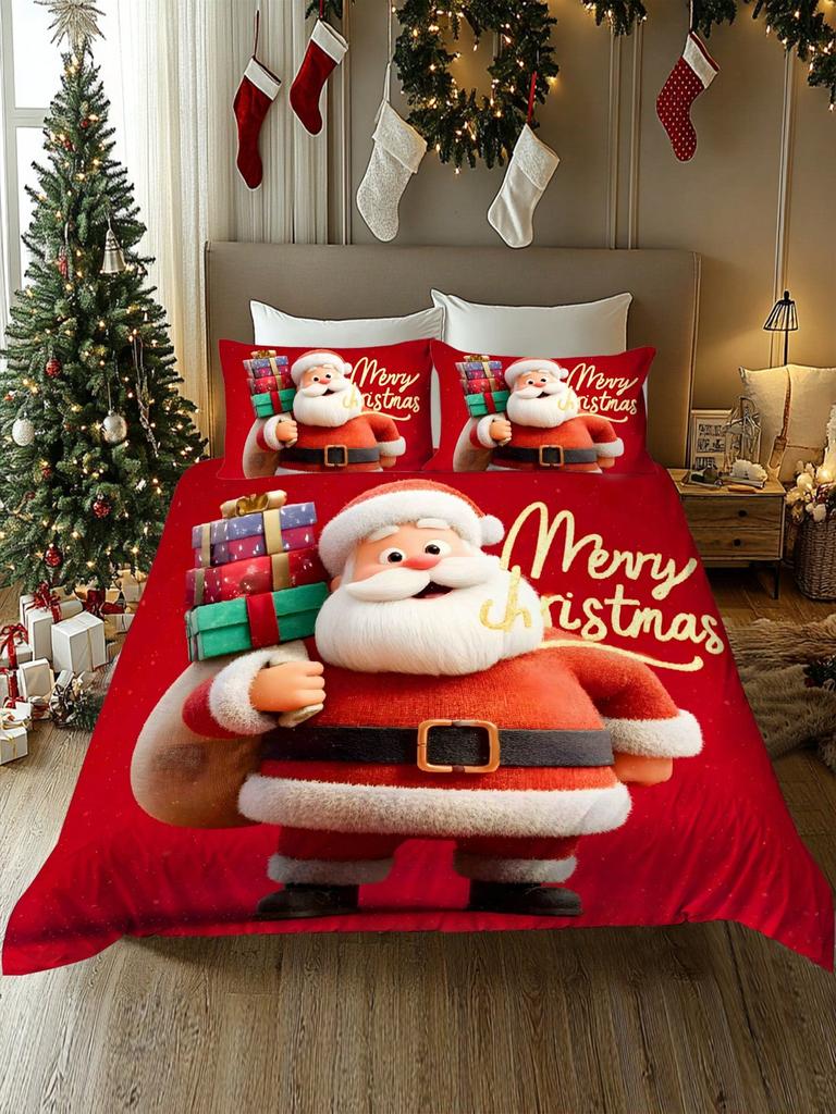2/3pcs Christmas Tree, Gift, Snowflake, Deer, Santa Claus Pattern Digital Printing Brushed Duvet Cover Set, Soft & Comfortable
