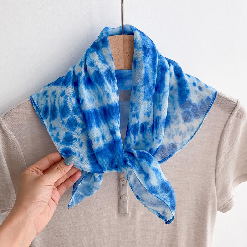 Flax small square scarf silk scarf women's headscarf neck protection scarf imitation blue dye handmade tie-dye scarf Yunnan yarn scarf thin scarf