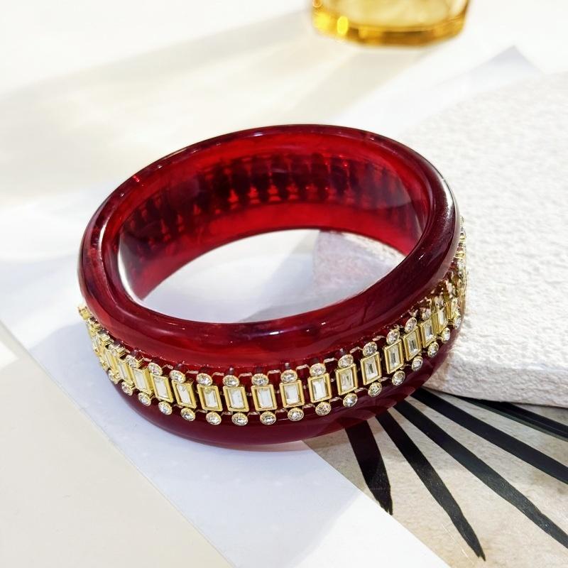 

Coffee Red Acrylic Resin Chunky Rhinestone Bangles for Women on Hand Goth Geometric Wide Hip Hop Cuff Bracelets Jewelry