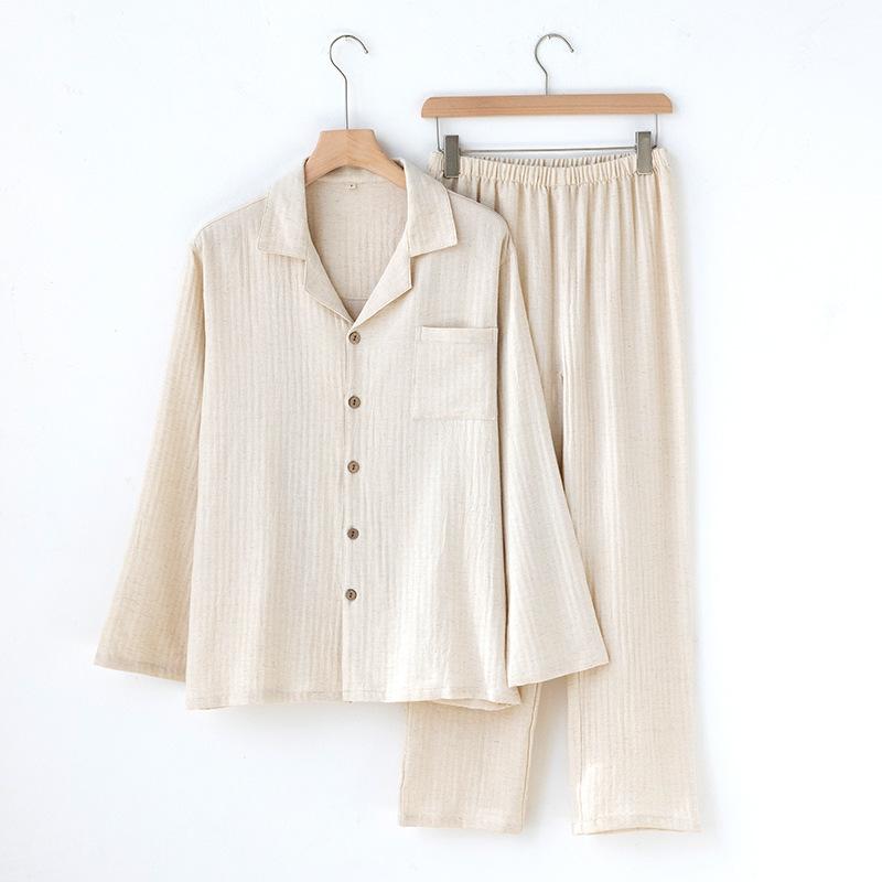 Pajamas Men's Autumn Cotton and Linen New Solid Color Unprinted Style Simple Homewear Long Sleeves Long Pants Loose Homewear Factory
