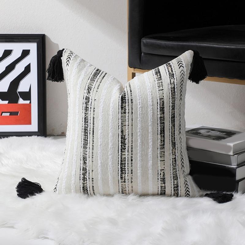 Chenille Jacquard Streifen Geometrisch Quasten Kissenbezug Weiche Dekorative Kissenbezüge für Sofa Schlafzimmer und Wohnzimmer
